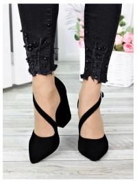 Жіночі туфлі з натуральної замші на каблуку чорного кольору 35613