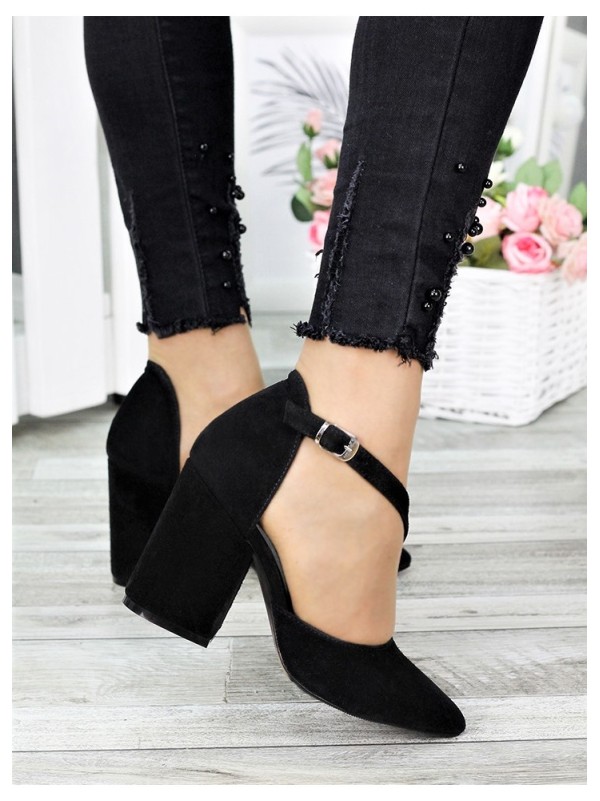 Жіночі туфлі з натуральної замші на каблуку чорного кольору 35613