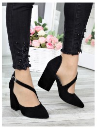 Жіночі туфлі з натуральної замші на каблуку чорного кольору 35613
