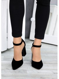 Замшеві жіночі туфлі на каблуку чорного кольору 35614