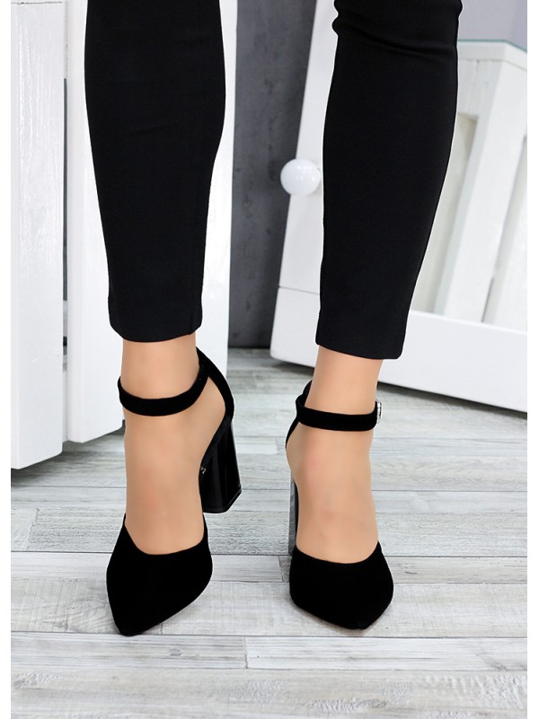 Замшеві жіночі туфлі на каблуку чорного кольору 35614