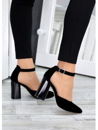 Замшеві жіночі туфлі на каблуку чорного кольору 35614