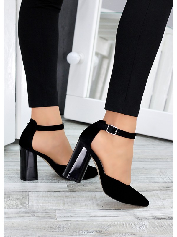 Замшеві жіночі туфлі на каблуку чорного кольору 35614
