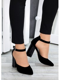 Замшеві жіночі туфлі на каблуку чорного кольору 35614