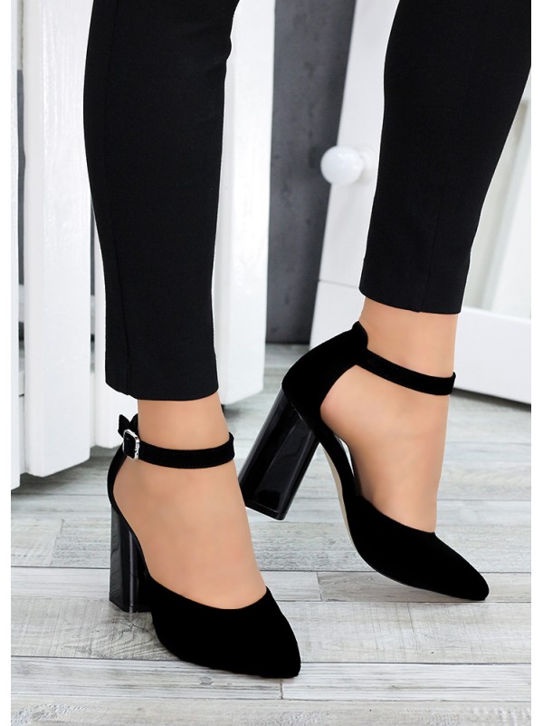 Замшеві жіночі туфлі на каблуку чорного кольору 35614