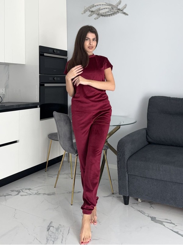 Велюровий домашній комплект трiйка бордового кольору 35630