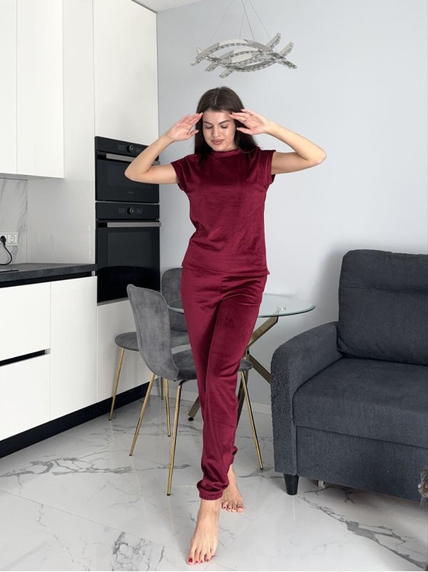 Велюровий домашній комплект трiйка бордового кольору 35630