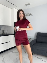 Велюровий домашній комплект трiйка бордового кольору 35630