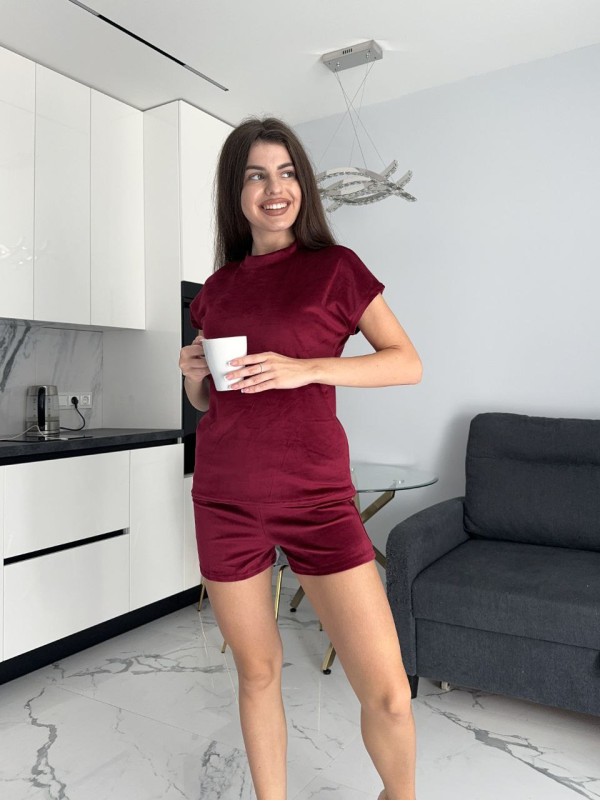 Велюровий домашній комплект трiйка бордового кольору 35630