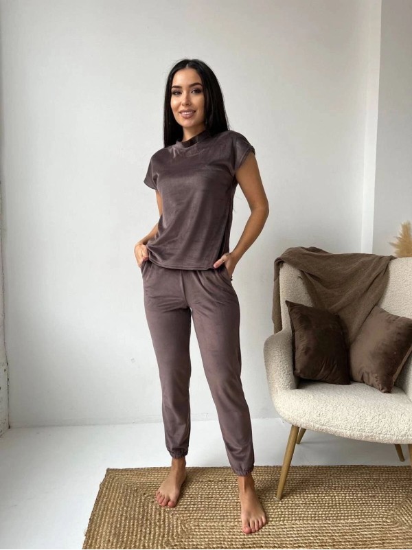 Велюровий домашній комплект трiйка коричневого кольору 35632