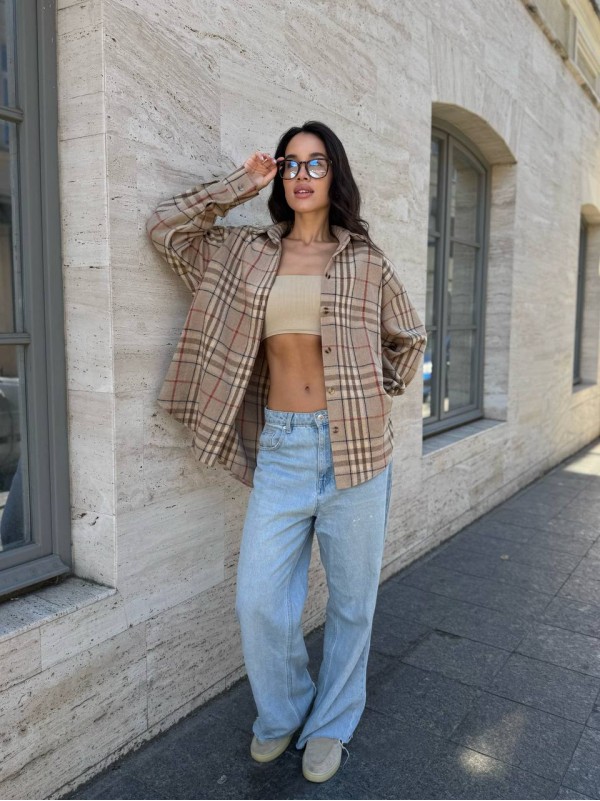 Жіноча байкова сорочка в клітинку вiльного кавового кольору 35642