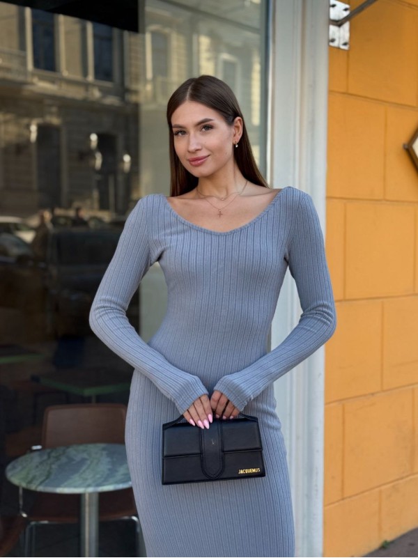 Приталена довга сукня з ангори сiрого кольору 35652