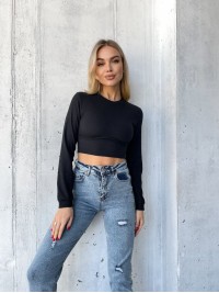 Жіночий топ із рукавом в рубчик чорного кольору 35674