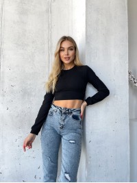 Жіночий топ із рукавом в рубчик чорного кольору 35674