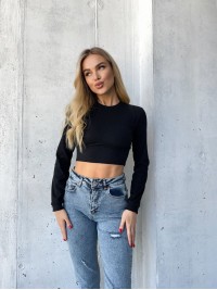 Жіночий топ із рукавом в рубчик чорного кольору 35674