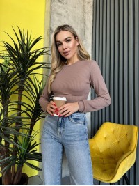 Жіночий топ із рукавом в рубчик кавового кольору 35675