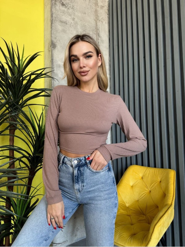 Жіночий топ із рукавом в рубчик кавового кольору 35675