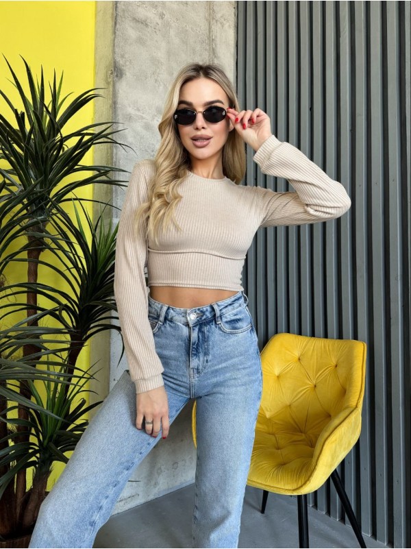 Жіночий топ із рукавом в рубчик бежевого кольору 35676