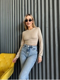 Жіночий топ із рукавом в рубчик бежевого кольору 35676