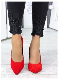 Замшеві жіночі туфлі на каблуку червоного кольору 35681