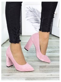 Замшеві жіночі туфлі на каблуку рожевого кольору 35682
