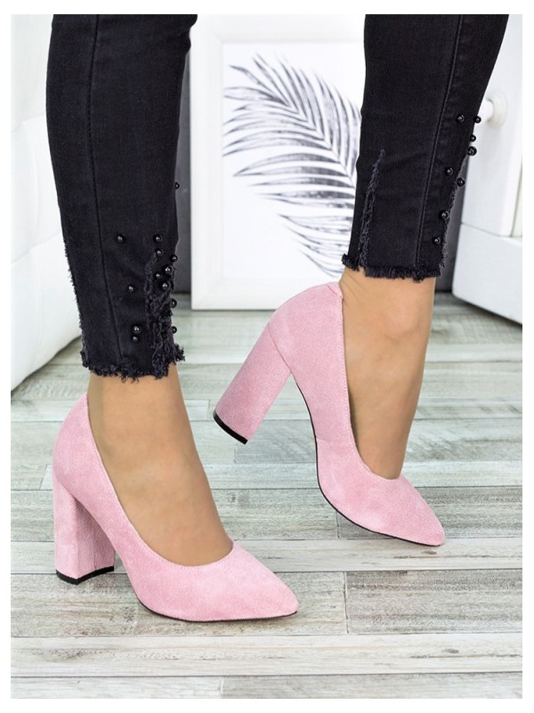Замшеві жіночі туфлі на каблуку рожевого кольору 35682