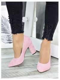 Замшеві жіночі туфлі на каблуку рожевого кольору 35682