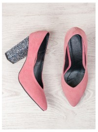 Замшеві жіночі туфлі з блискітками на каблуці пудрового кольору 35683