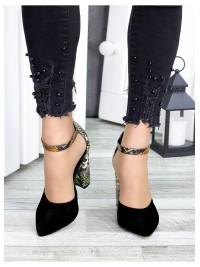 Жіночі туфлі на каблуку пітон натуральна замша + шкіра чорного кольору 35685