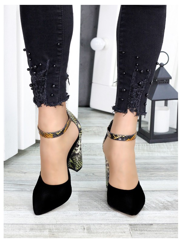 Жіночі туфлі на каблуку пітон натуральна замша + шкіра чорного кольору 35685