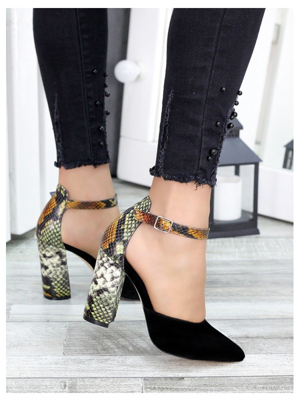 Жіночі туфлі на каблуку пітон натуральна замша + шкіра чорного кольору 35685