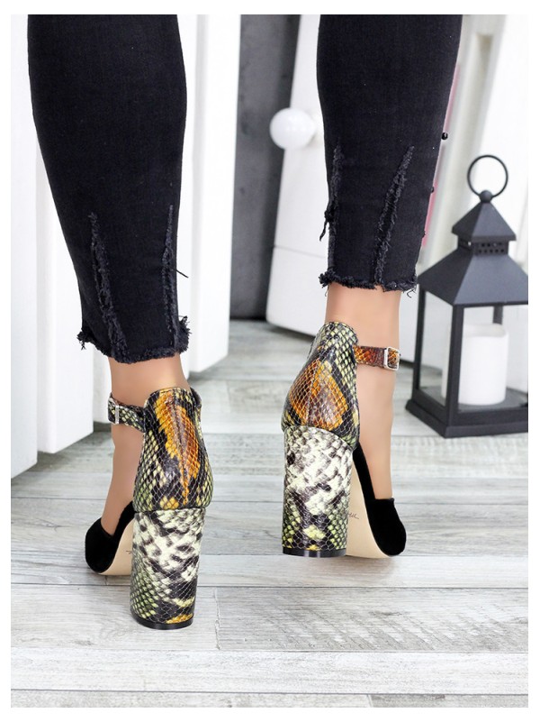 Жіночі туфлі на каблуку пітон натуральна замша + шкіра чорного кольору 35685