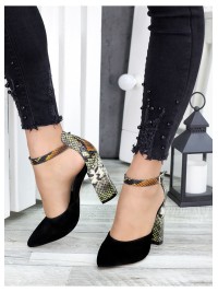 Жіночі туфлі на каблуку пітон натуральна замша + шкіра чорного кольору 35685