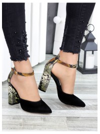 Жіночі туфлі на каблуку пітон натуральна замша + шкіра чорного кольору 35685