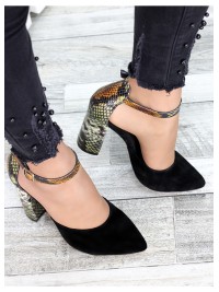 Жіночі туфлі на каблуку пітон натуральна замша + шкіра чорного кольору 35685