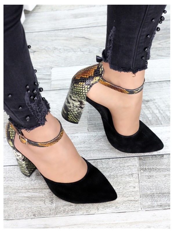 Жіночі туфлі на каблуку пітон натуральна замша + шкіра чорного кольору 35685