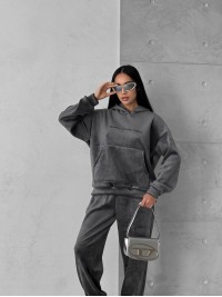 Жіночий теплий велюровий костюм з капюшоном графiтового кольору 35699