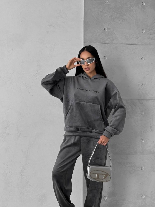 Жіночий теплий велюровий костюм з капюшоном графiтового кольору 35699