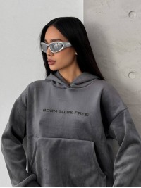 Жіночий теплий велюровий костюм з капюшоном графiтового кольору 35699