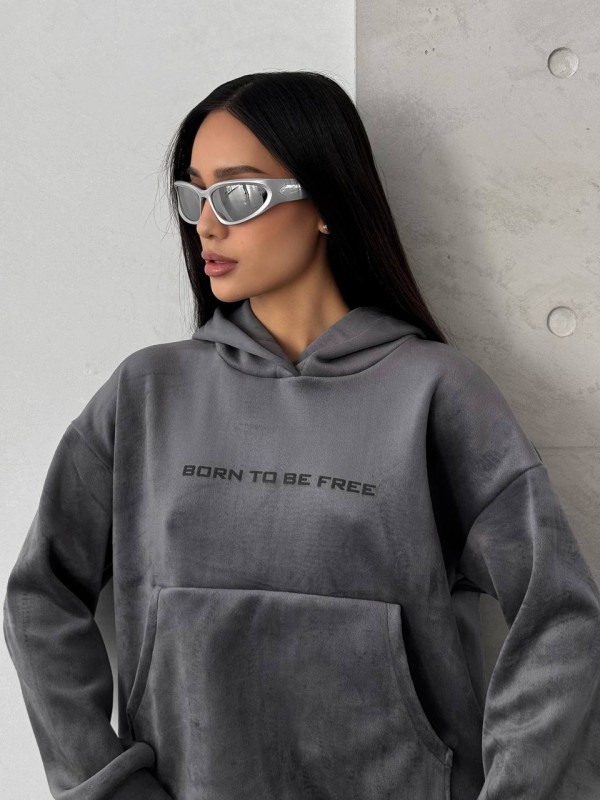 Жіночий теплий велюровий костюм з капюшоном графiтового кольору 35699