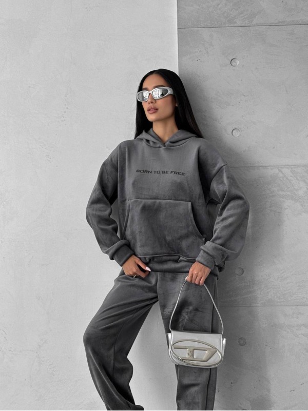 Жіночий теплий велюровий костюм з капюшоном графiтового кольору 35699