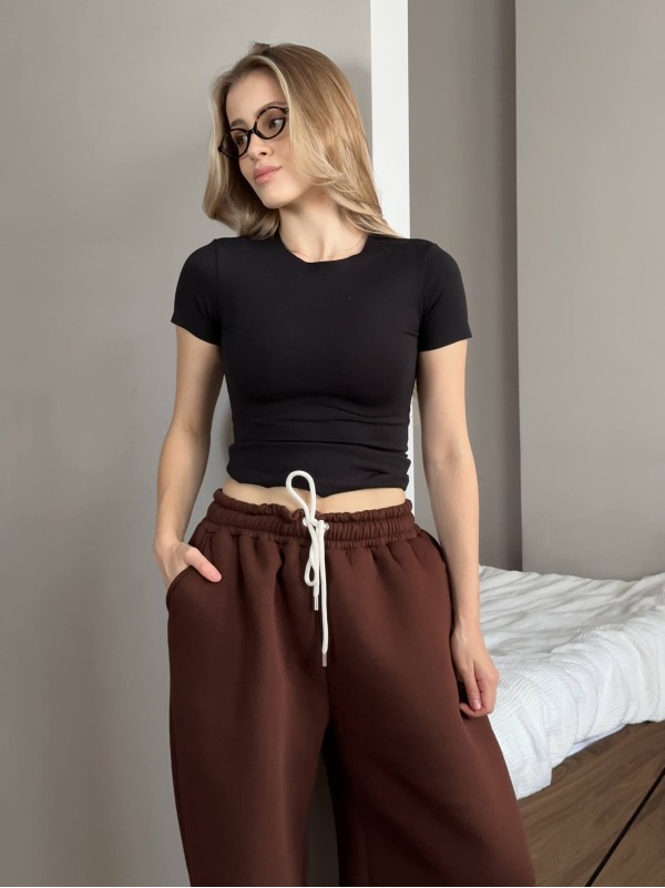 Жiночi широкi штани на флiсi коричневого кольору 35704