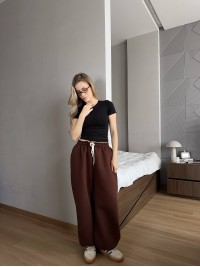 Жiночi широкi штани на флiсi коричневого кольору 35704