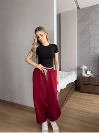 Жiночi широкi штани на флiсi бордового кольору 35706