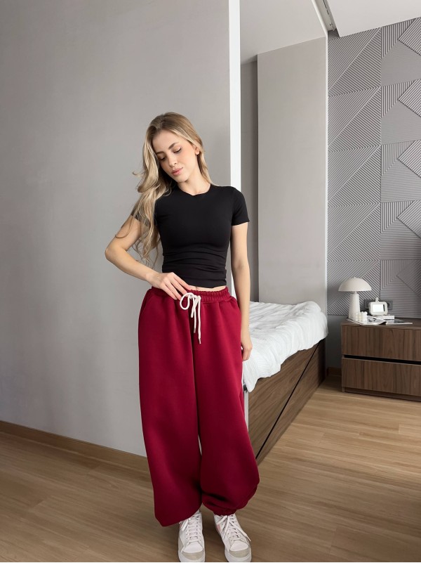 Жiночi широкi штани на флiсi бордового кольору 35706