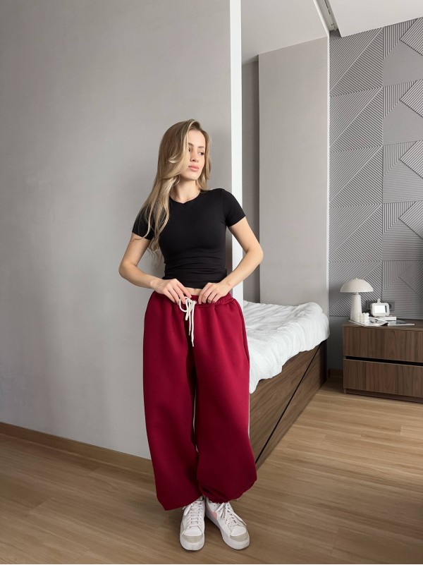Жiночi широкi штани на флiсi бордового кольору 35706
