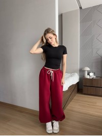 Жiночi широкi штани на флiсi бордового кольору 35706