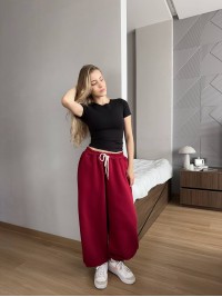Жiночi широкi штани на флiсi бордового кольору 35706