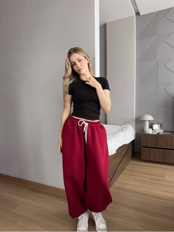 Жiночi широкi штани на флiсi бордового кольору 35706