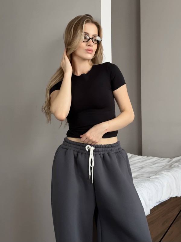 Жiночi широкi штани на флiсi графiтового кольору 35707